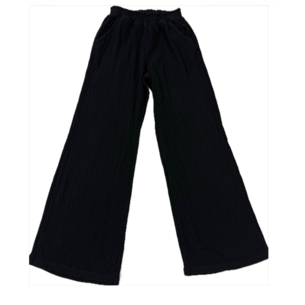 Drew Cotton Gauze Lantern Wide Leg Pants‎ Womens M Black Elastic Waist Crop